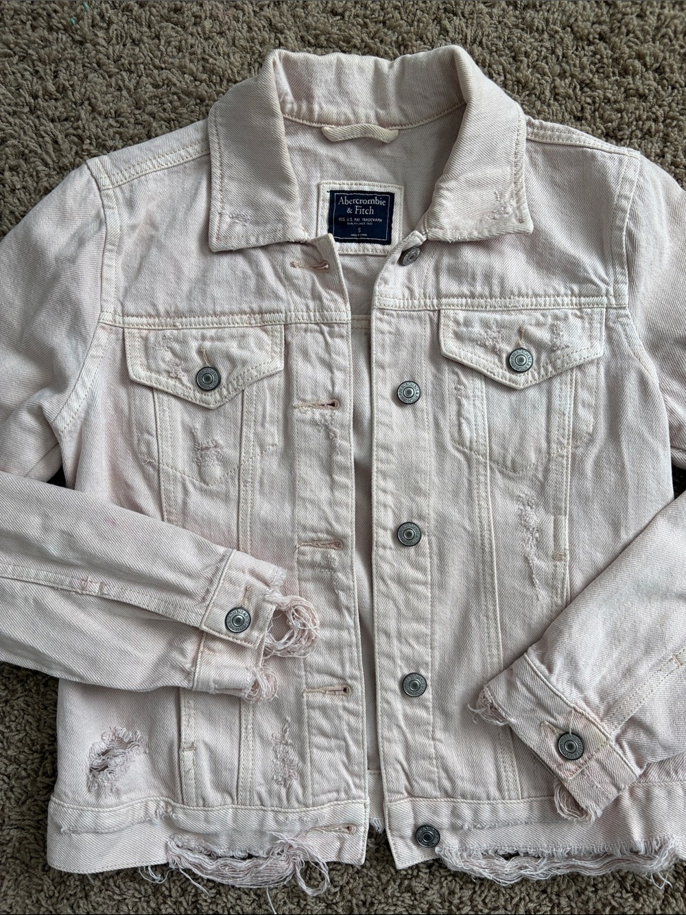 Abercrombie & Fitch Pale Pink Distressed Denim Jacket